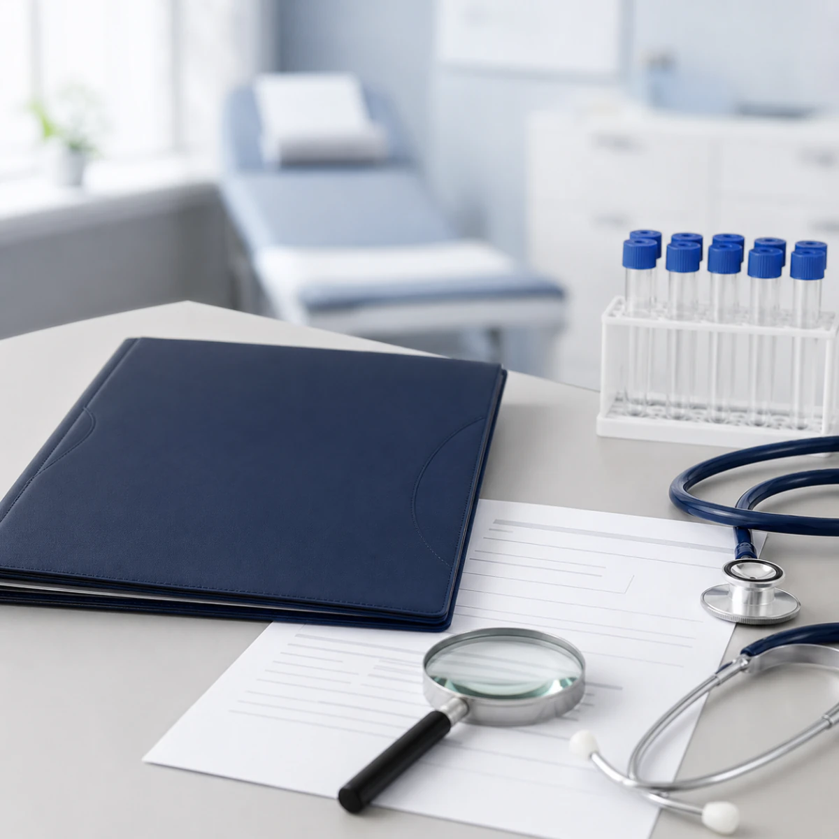 Diagnostic folder, specimen tubes, stethoscope, and blank results sheet prepared for screening follow-up