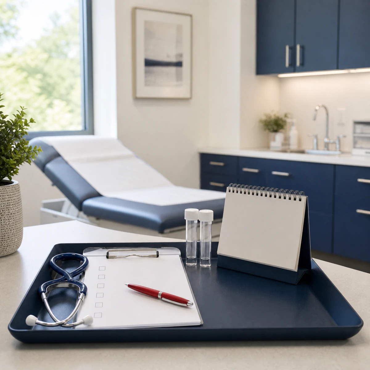 Cancer screening checklist, stethoscope, specimen tubes, and calendar prepared in a medical exam room
