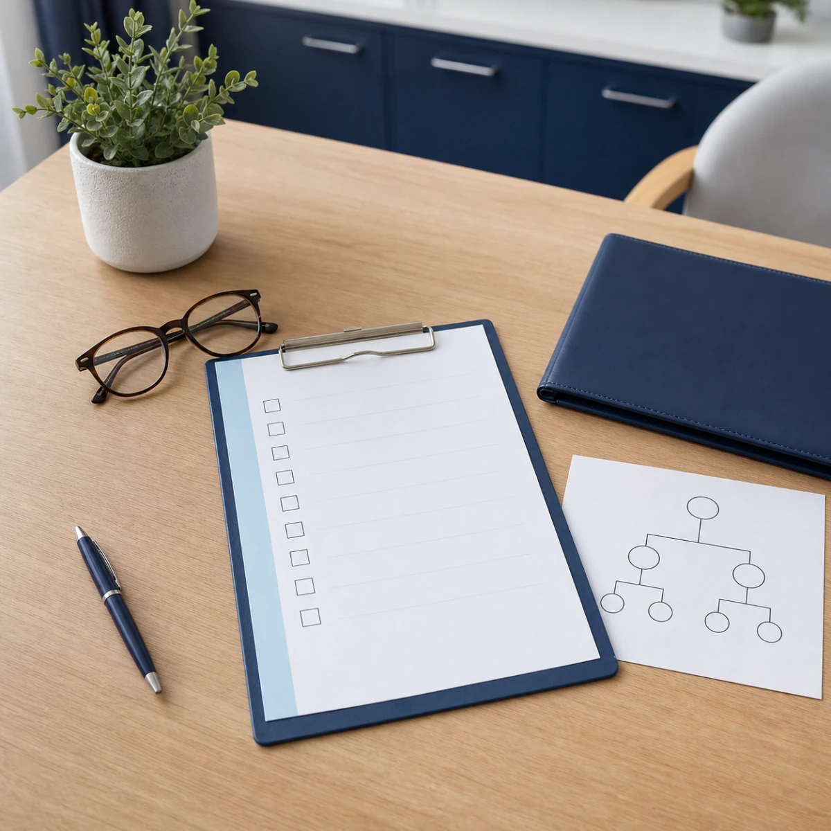 Blank preventive screening checklist and family history diagram arranged on a clinic desk