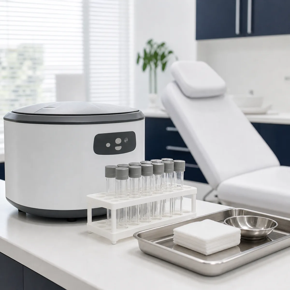 Closed centrifuge, empty capped sample tubes, gauze, and a sterile tray prepared for PRP treatment