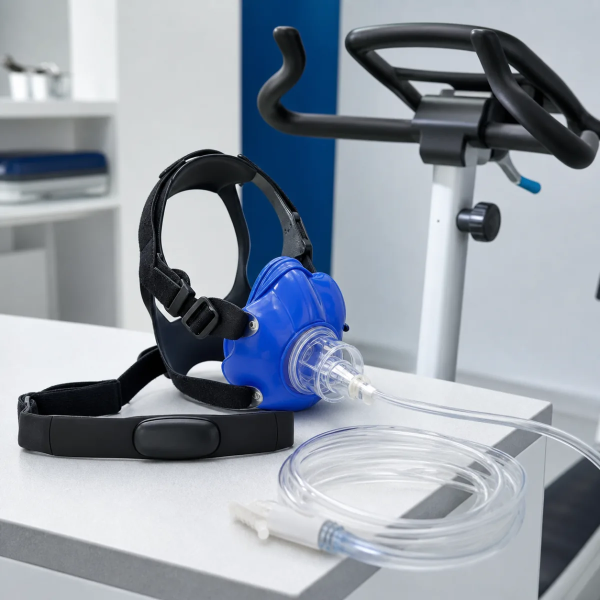 Metabolic testing mask, respiratory tubing, heart-rate strap, and stationary bike prepared for use
