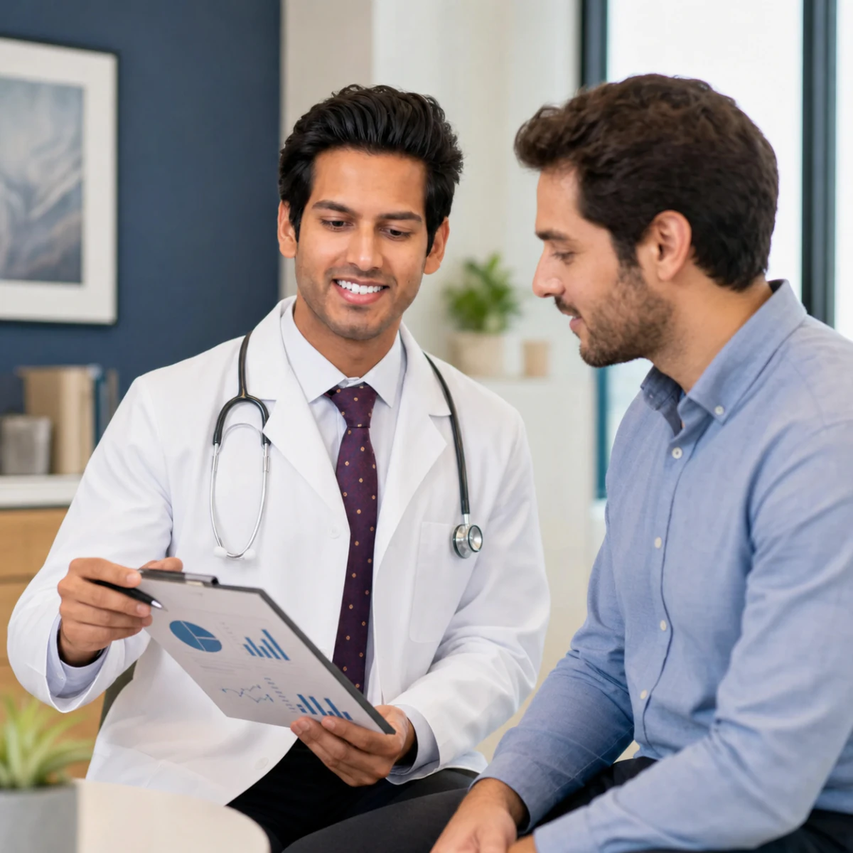 Dr. Naveen Paddu reviewing lab results and a long-term health plan with a male patient