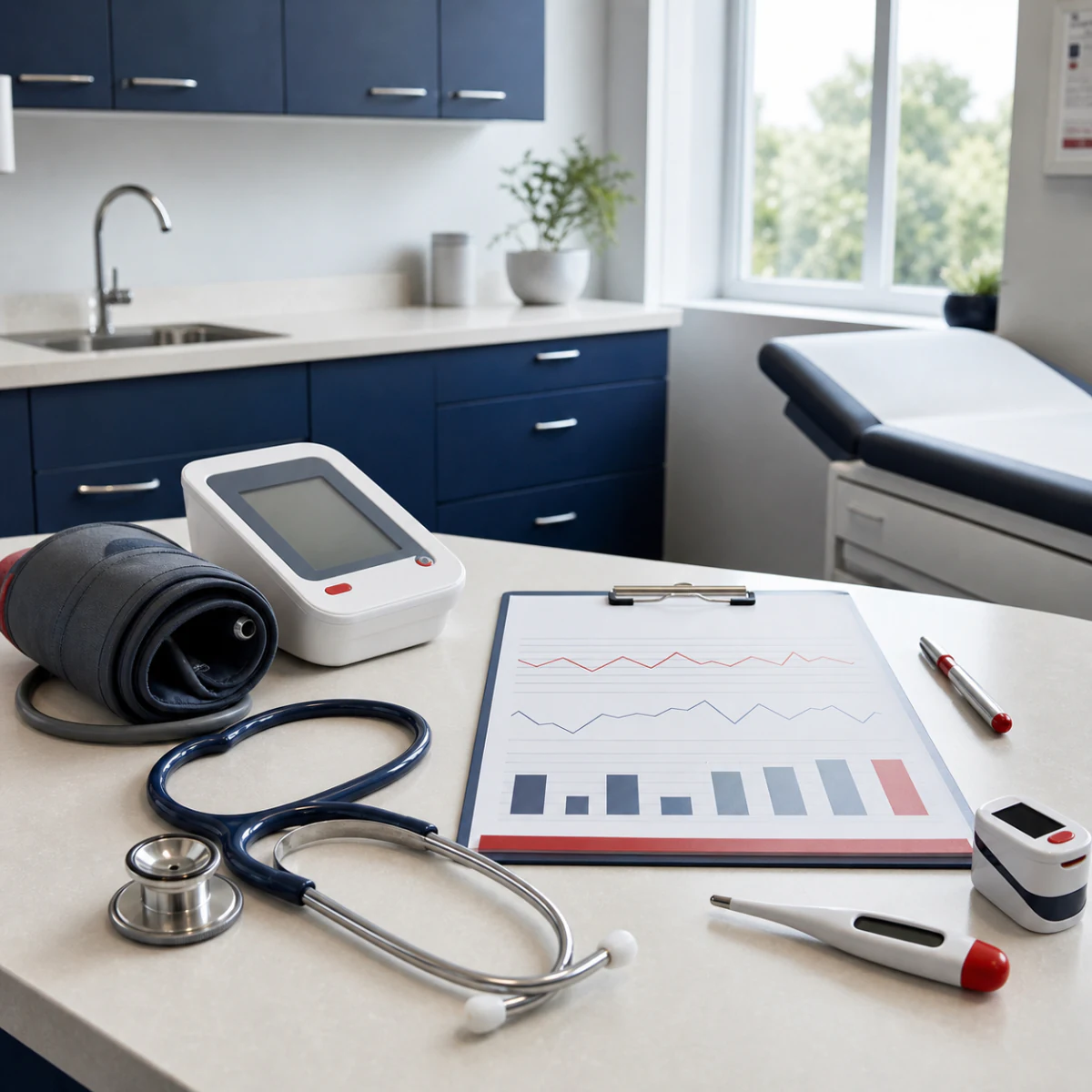 Blood pressure monitor, stethoscope, pulse oximeter, thermometer, and vital-sign chart prepared for a physical exam