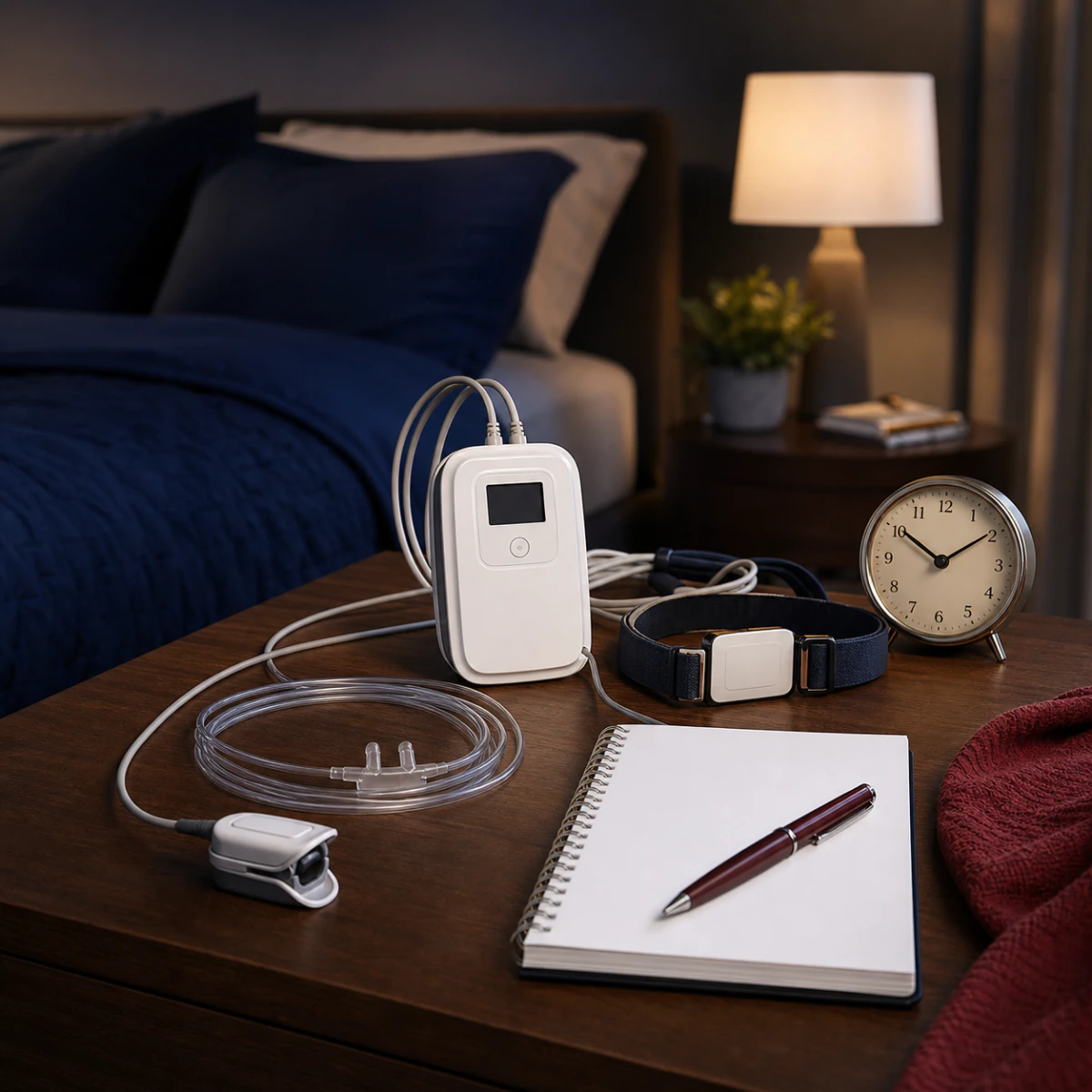 Home sleep apnea testing equipment arranged beside a blank sleep diary