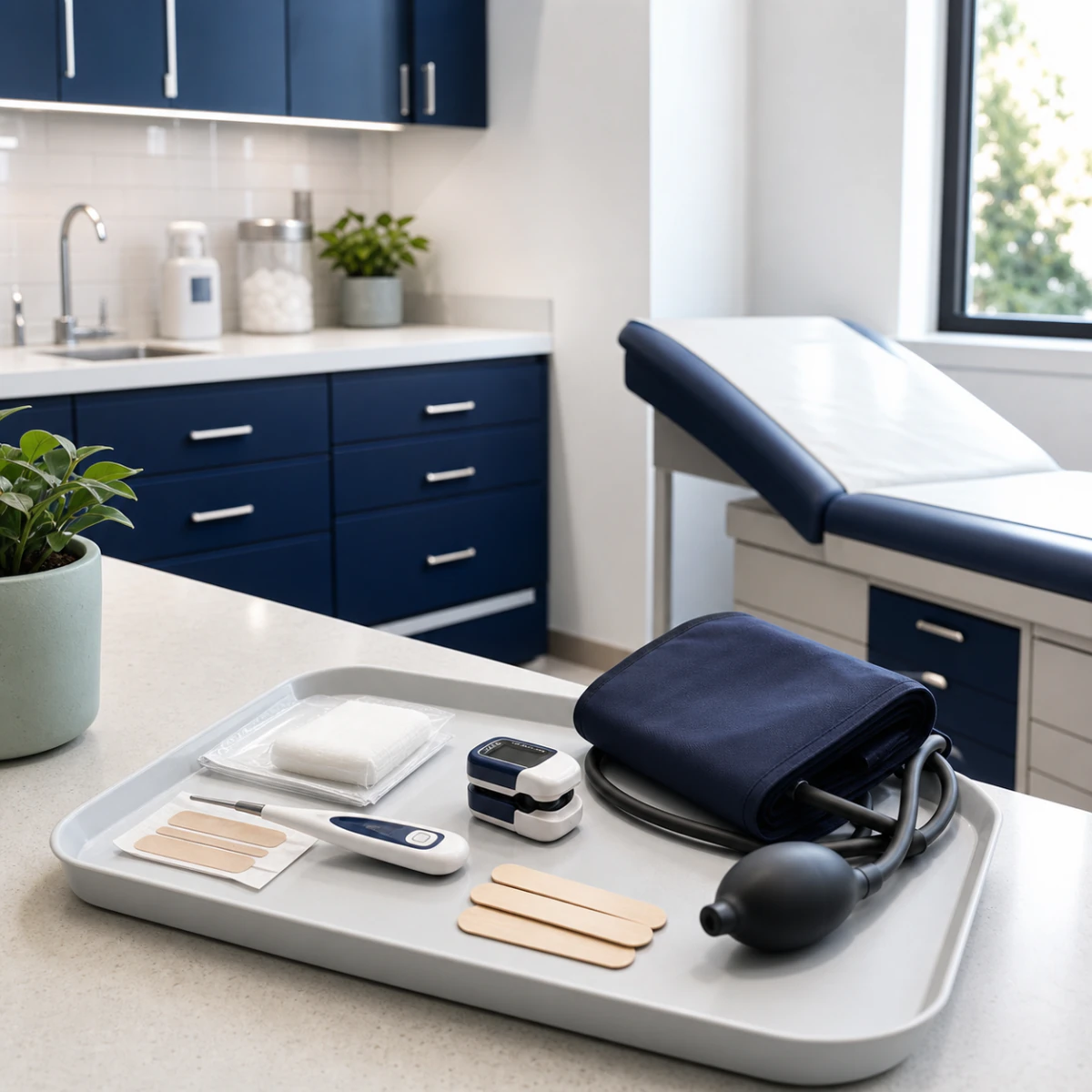 Modern urgent care exam room with diagnostic equipment prepared for a patient