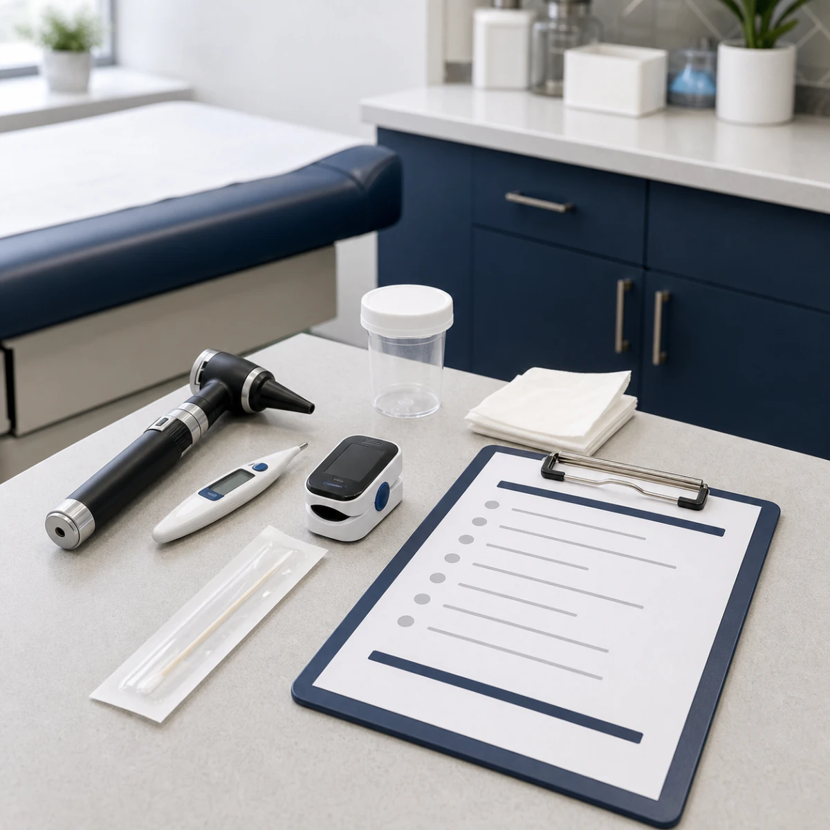 Thermometer, otoscope, pulse oximeter, and testing supplies for an urgent illness evaluation
