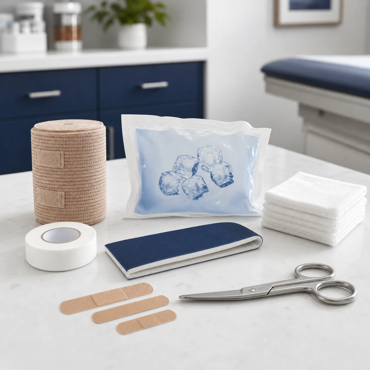 Compression wrap, cold pack, gauze, splint, and bandages for minor injury care